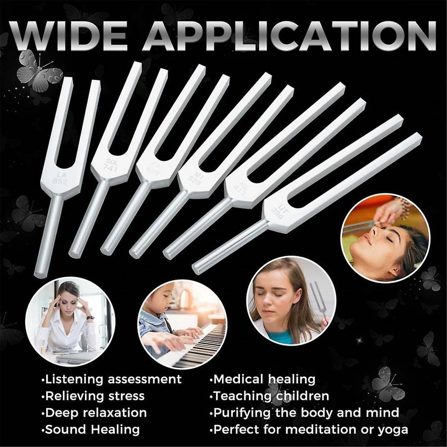 Tuning Fork Set of 6 (UT 396Hz, RE 417Hz, MI 528Hz, SOL 639HZ, FA741HZ, LA 852HZ) with Wooden Hamme