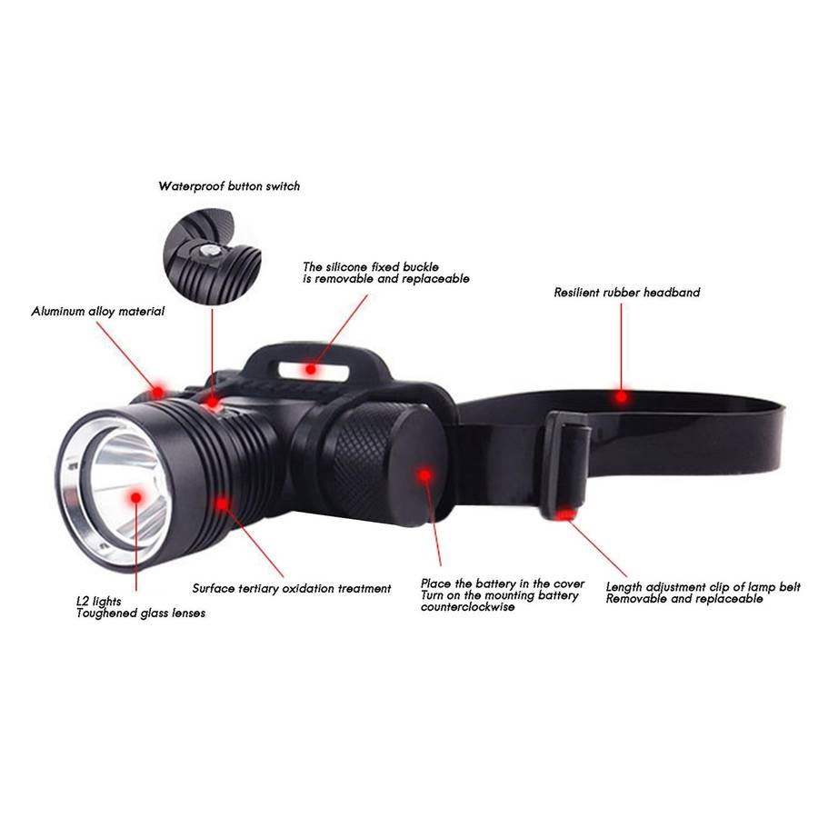 Underwater LED Diving Headlights Fishing L2 Led Scuba Diving Torch 18650 Waterproof Front Lighting H