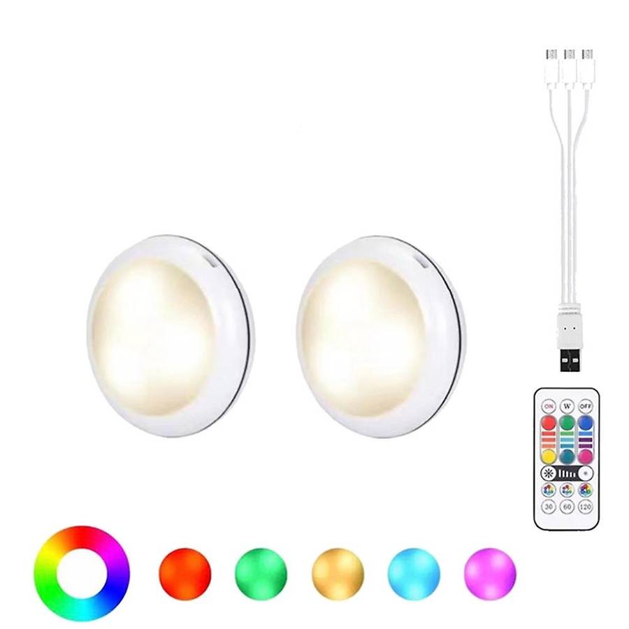 Usb Rechargeable Rgb Led Cabinet Light Puck Lamp 16 Colors Remote