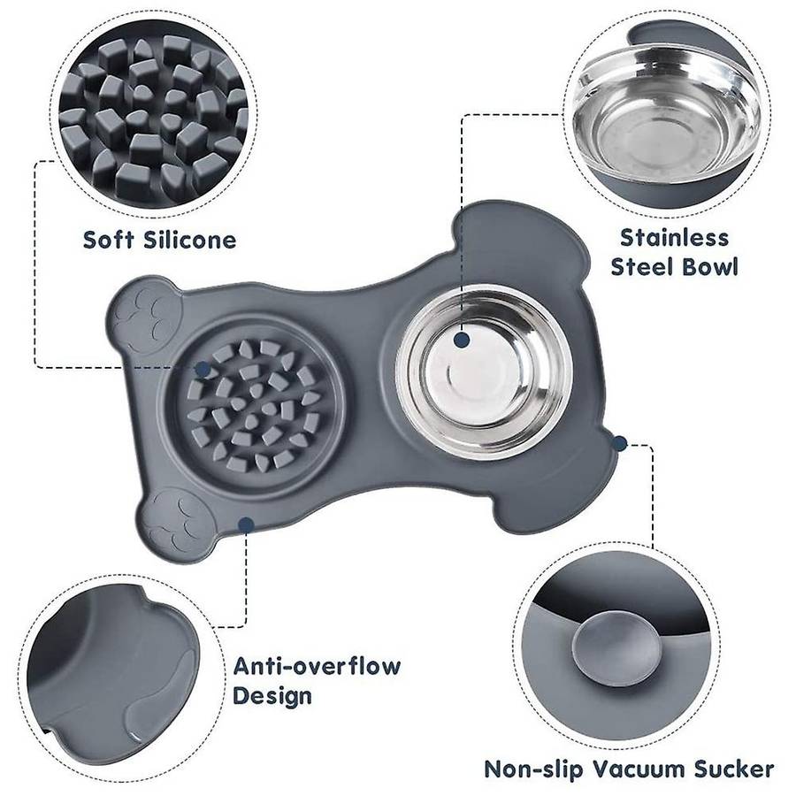3-in-1 Slow Feeder Food Dog Bowl Pet Feed Mat Stainless Steel Bowl