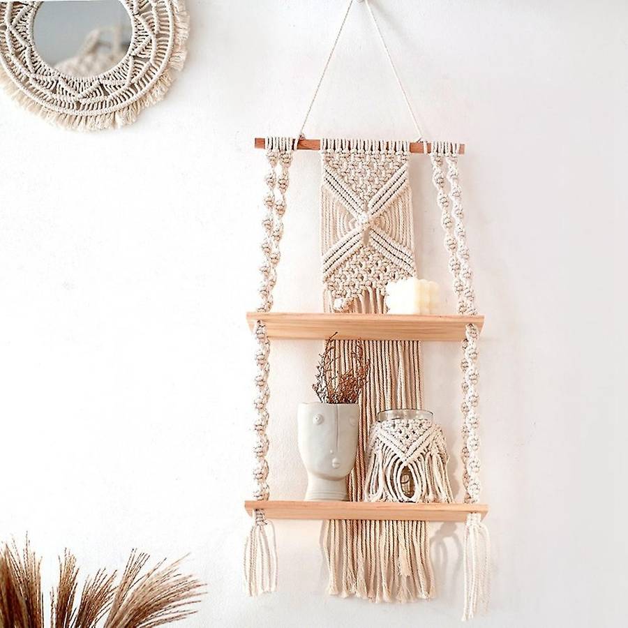 Handmade Woven Bohemian Tapestry Wall Shelf Flower Plant Rack