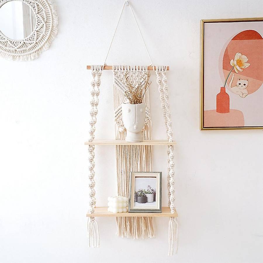 Handmade Woven Bohemian Tapestry Wall Shelf Flower Plant Rack