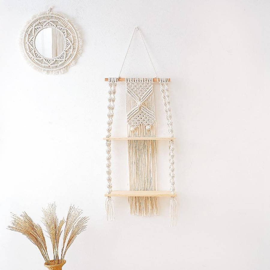 Handmade Woven Bohemian Tapestry Wall Shelf Flower Plant Rack