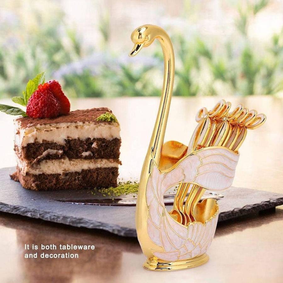 Metal Flatware Swan Base Holder with 6pcs Dessert Spoon Silver