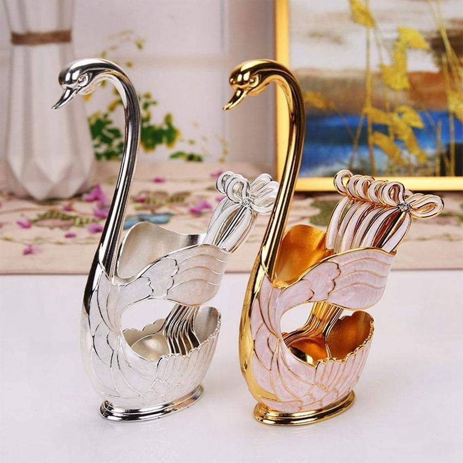 Metal Flatware Swan Base Holder with 6pcs Dessert Spoon Silver