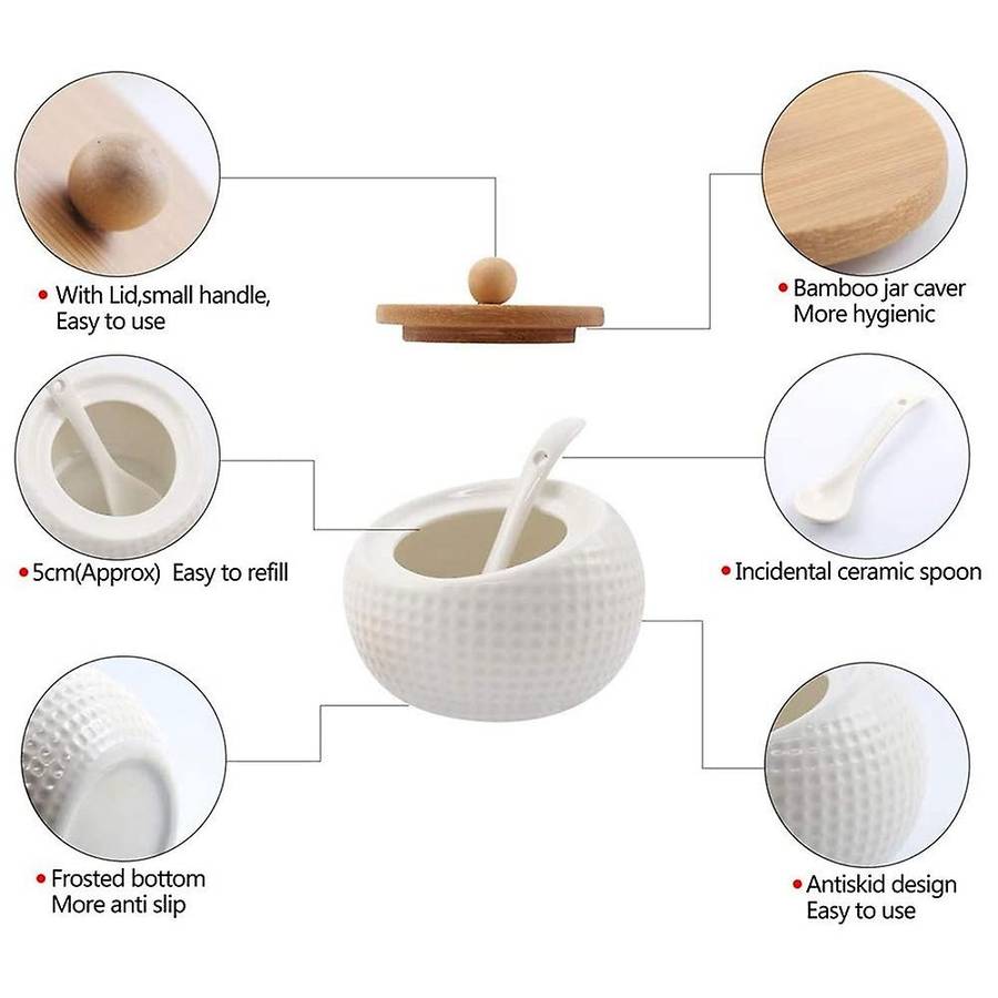 Porcelain Condiment Jar Spice Container with Lids - Bamboo Cap Holder