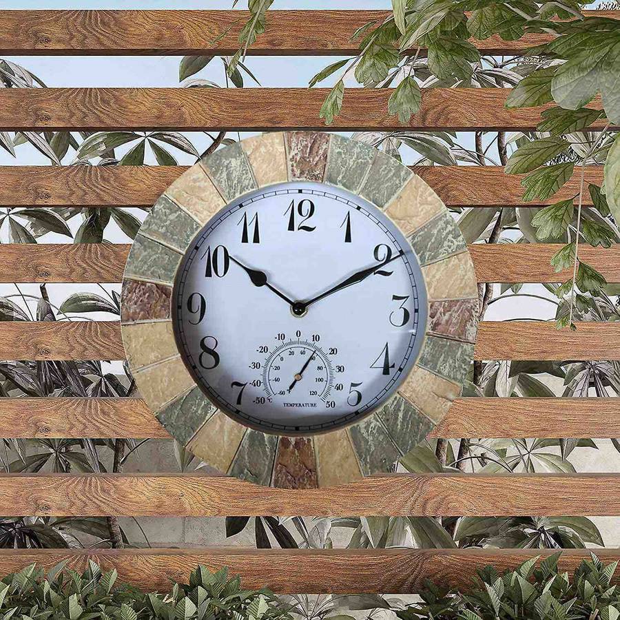 Faux Sandstone 10inch Wall Clock and Thermometer Resin Garden Clock