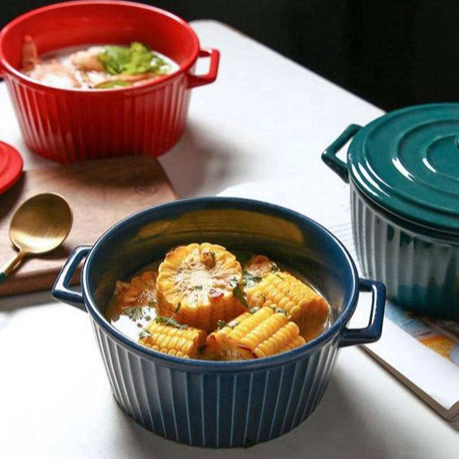 Ceramic Casserole with Lid, 1600Ml Ceramic Bakeware Soup Bowl (Red)