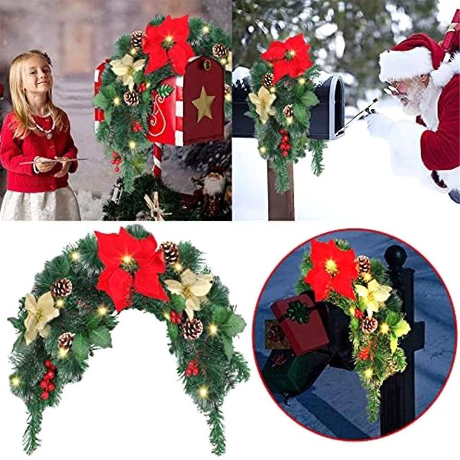 Christmas Mailbox with Lights Berry Red Flowers Clusters Pine Cones, Mailbox Christmas Outdoor, Chri