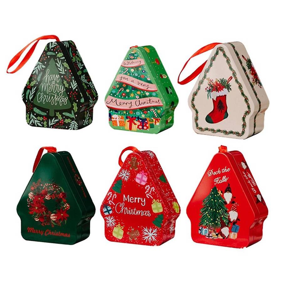 Christmas Tinplate Candy Box Decorate with Lanyard Polygonal Printed Tinplate Box for Christmas Deco
