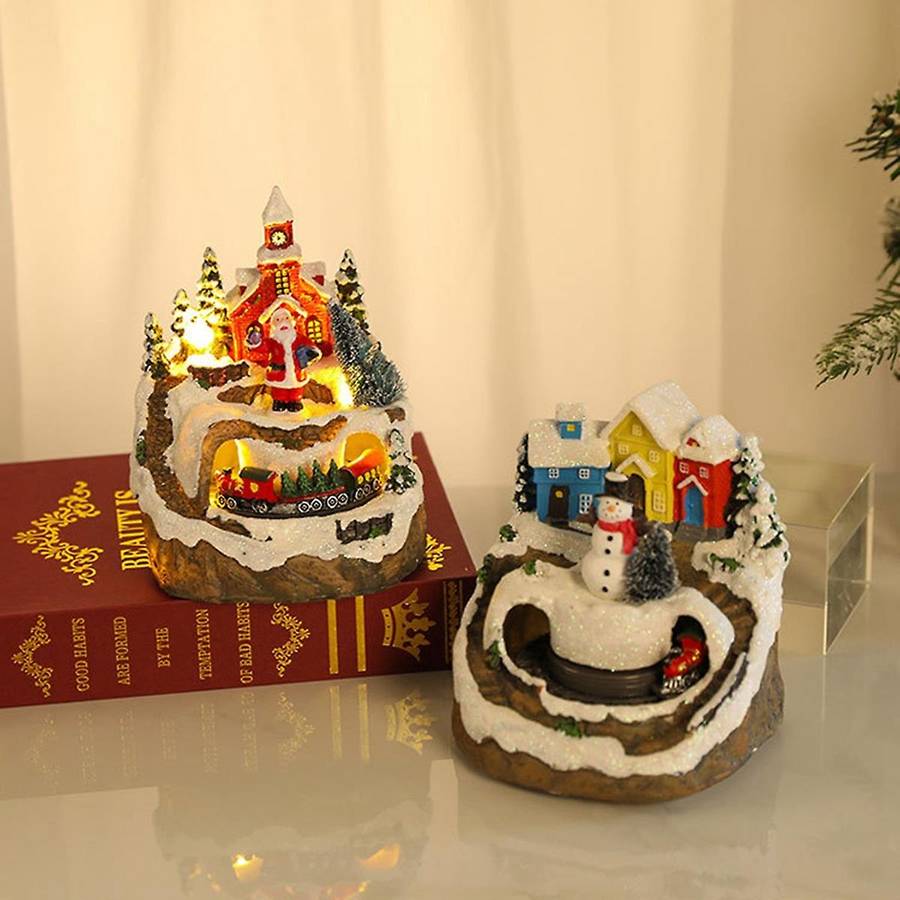 Christmas Village Houses Sets Rotating Train Display Figurines Led Light Up Christmas Holiday Decor