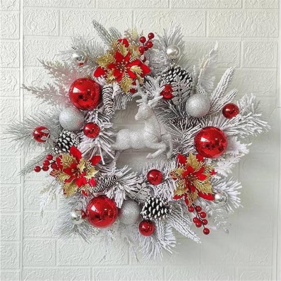 Christmas Wreath for Front Door Christmas Reindeer Wreath with Christmas Poinsettia Flower Christmas