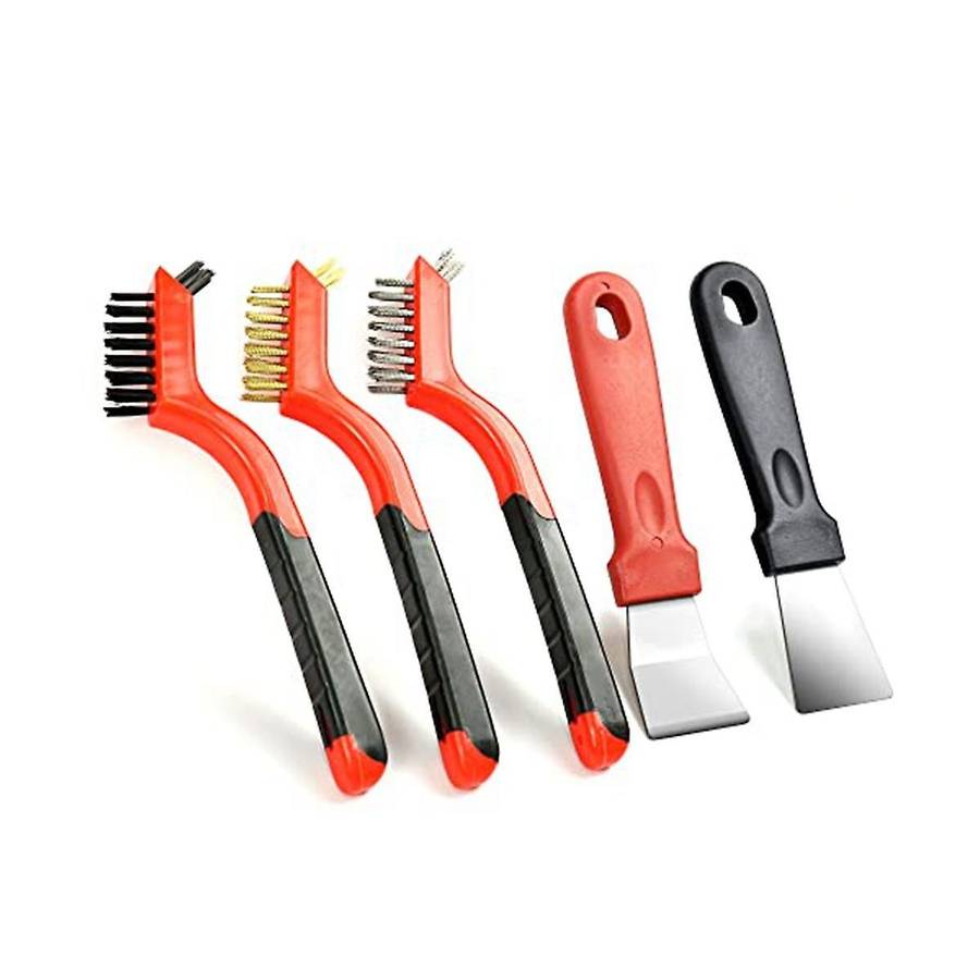 Wire Brush Set with Scraper 5pcs - Nylon/brass/stainless Steel Bristles with Curved Handle Grip For