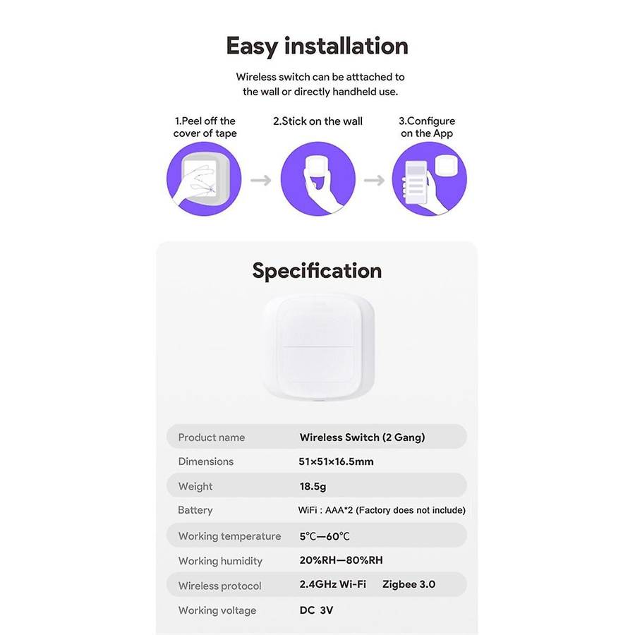 Wireless Smart Switch Double Mini Smart Button Switch Multi-Function Tuya Smart Zigbee Switch for Ho