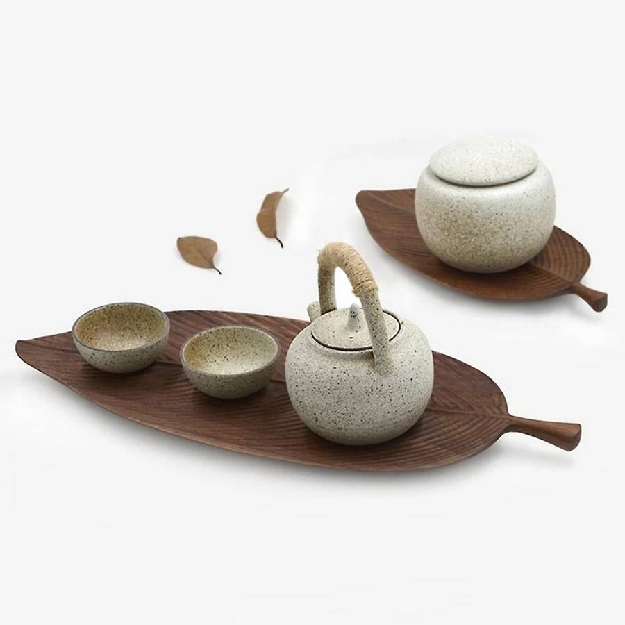 Wooden Leaf Tray for Tea Set Cup Fruit Snake Dessert Home Decoration for Hotel Office Black Walnut L