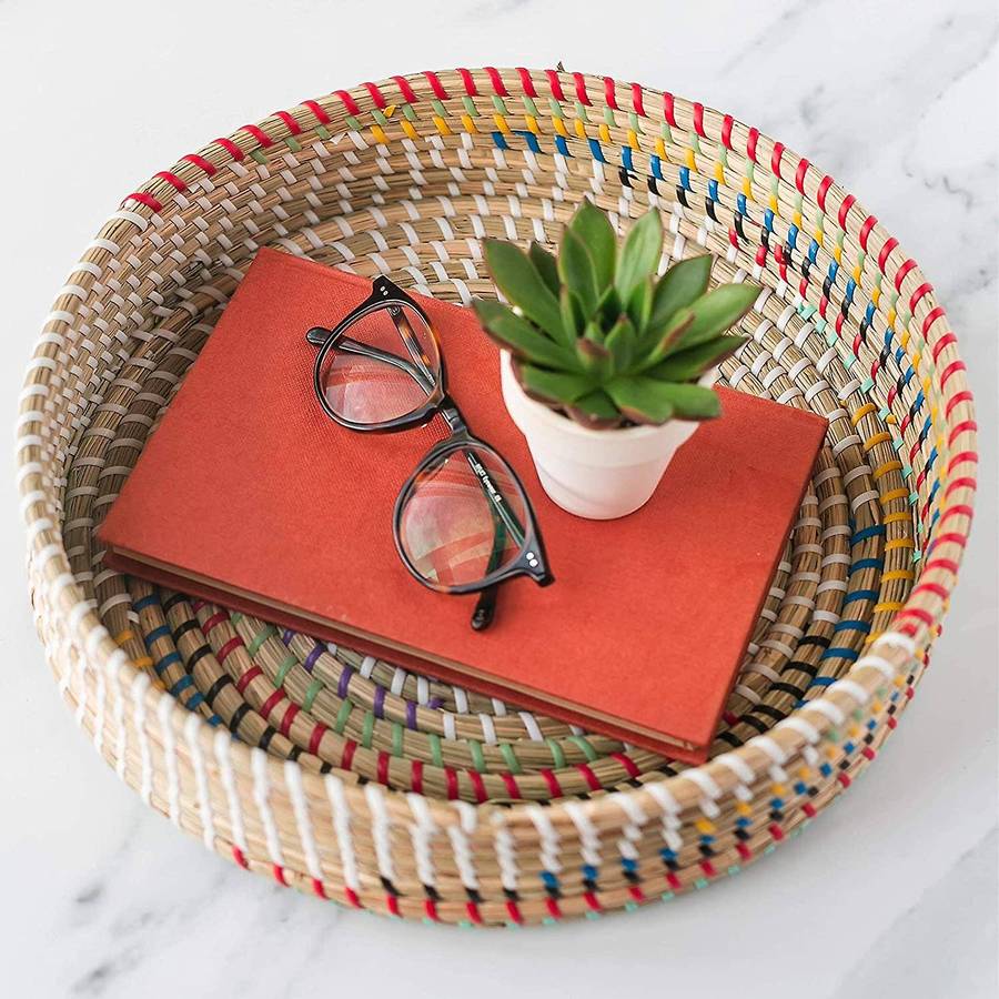 Woven Seagrass Serving Tray, Round Rattan Coffee Table Basket, Seagrass Ottomans, Round Basket Tray