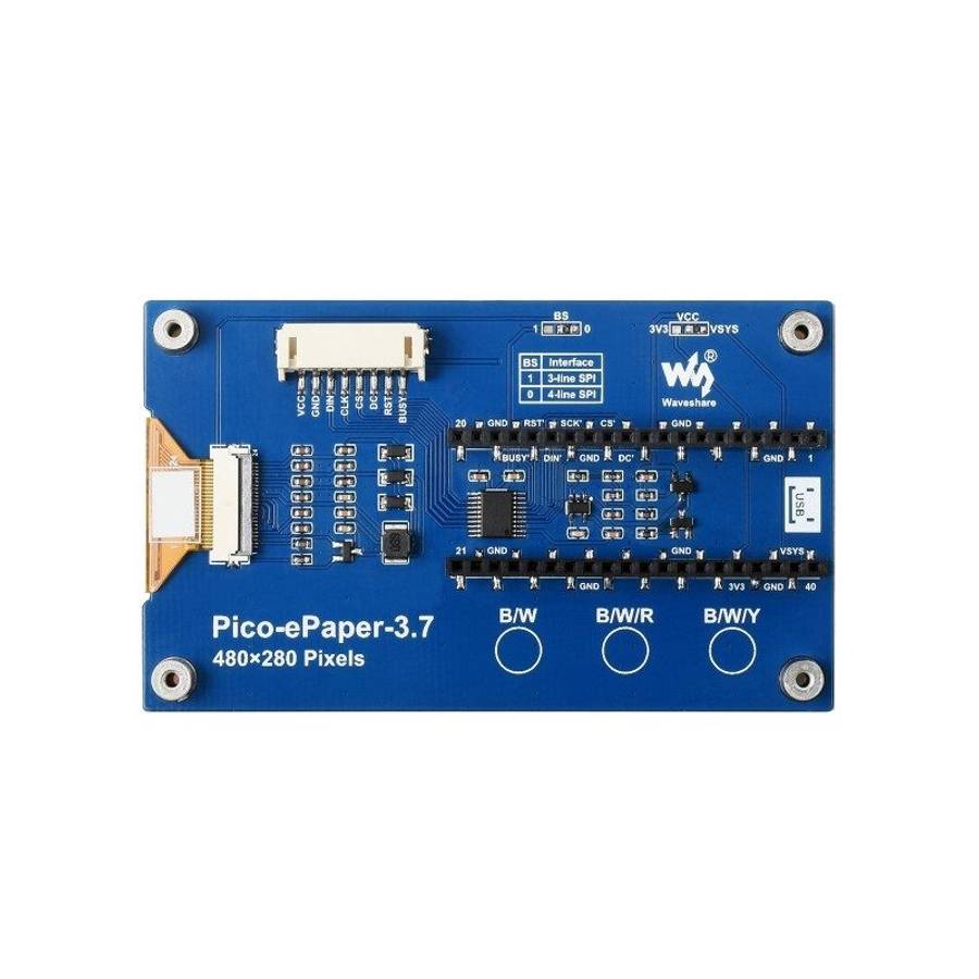 Waveshare 3.7 inch 480x280 Pixel E-Paper E-Ink Display Module for Raspberry Pi Pico, 4 Grayscale,