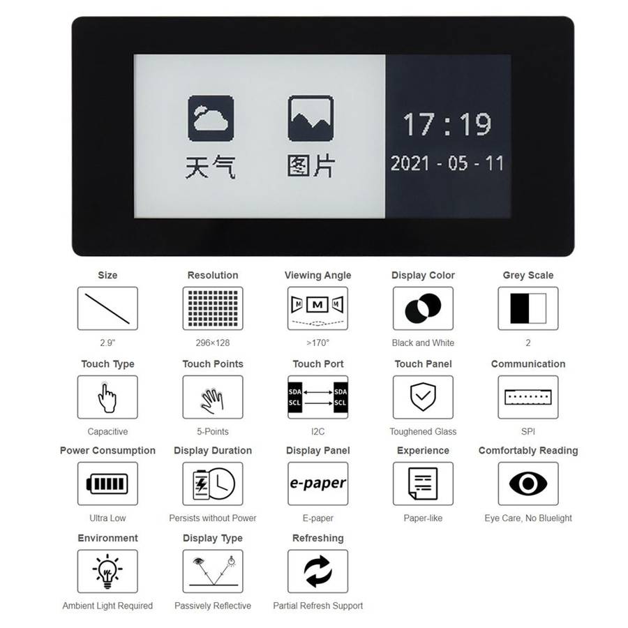 Waveshare 2.9 inch 296 x 128 Pixel 5-Points Capacitive Touch Black / White E-Paper E-Ink Display H