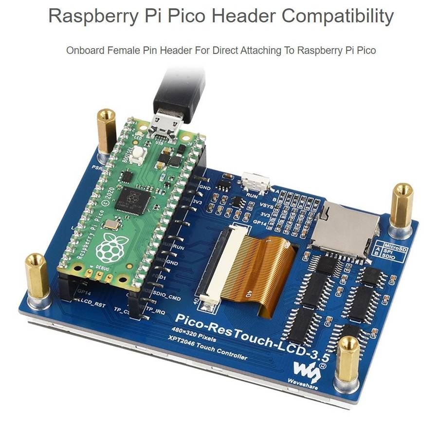 WAVESHARE 3.5 inch 65K Colors 480 x 320 Touch Display Module for Raspberry Pi Pico, SPI Interface