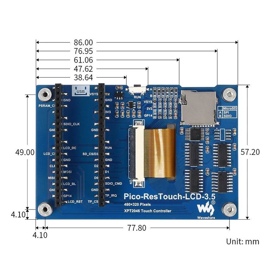 WAVESHARE 3.5 inch 65K Colors 480 x 320 Touch Display Module for Raspberry Pi Pico, SPI Interface