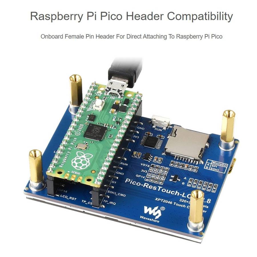WAVESHARE 2.8 inch 262K Colors 320 x 240 Pixel Touch Display Module for Raspberry Pi Pico, SPI Int