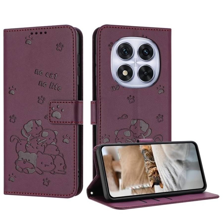 For Redmi Note 14 Pro 5G Embossed Kitten Phone Leather Case with Lanyard(Wine Red)