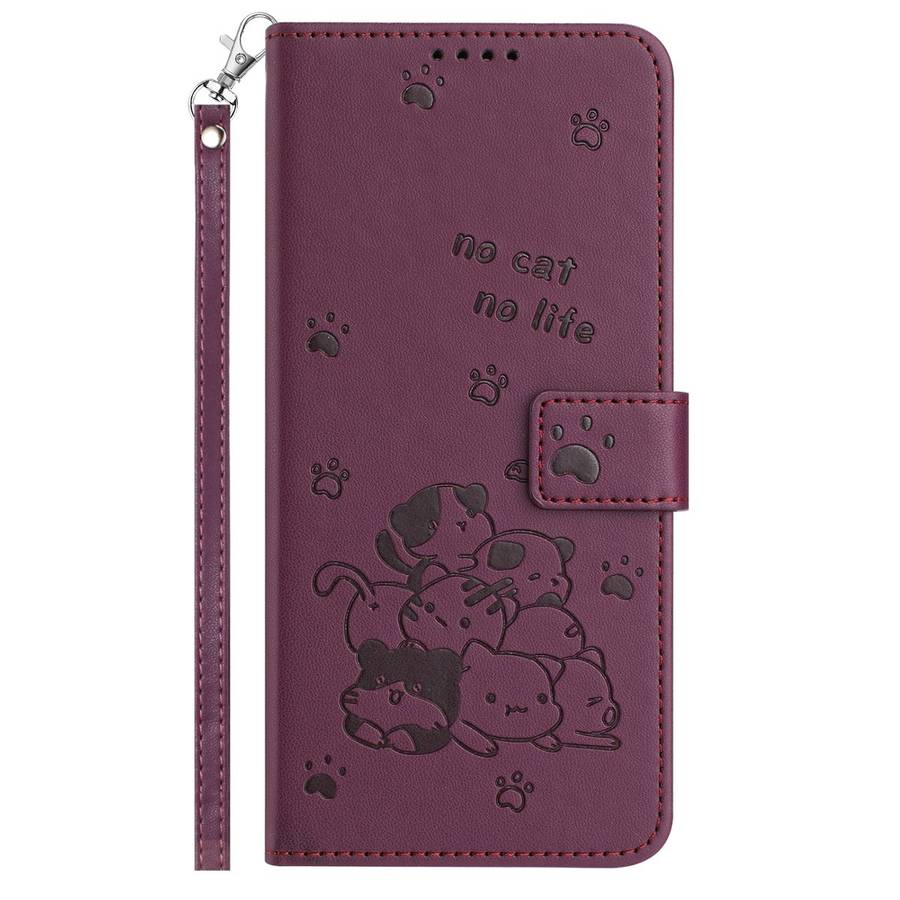 For Redmi Note 14 Pro 5G Embossed Kitten Phone Leather Case with Lanyard(Wine Red)