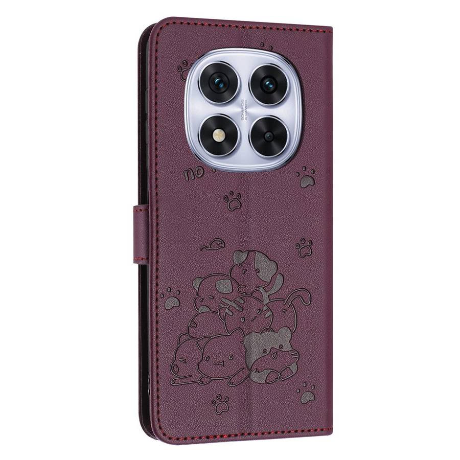 For Redmi Note 14 Pro 5G Embossed Kitten Phone Leather Case with Lanyard(Wine Red)