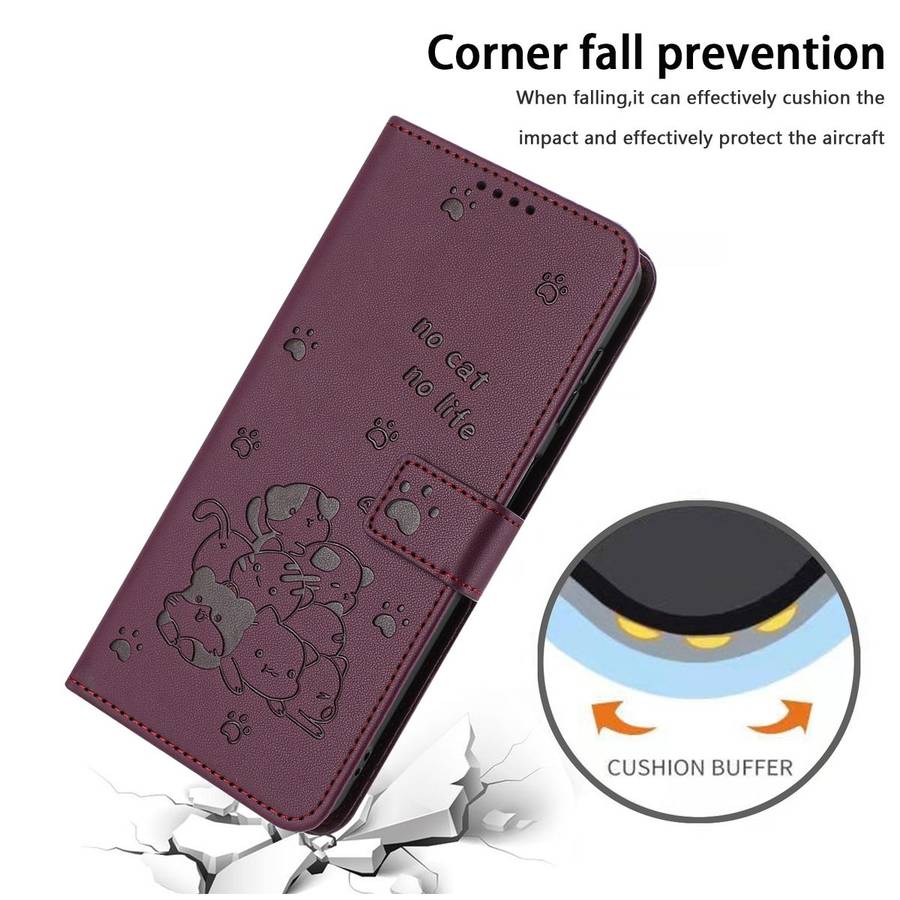 For Redmi Note 14 Pro 5G Embossed Kitten Phone Leather Case with Lanyard(Wine Red)