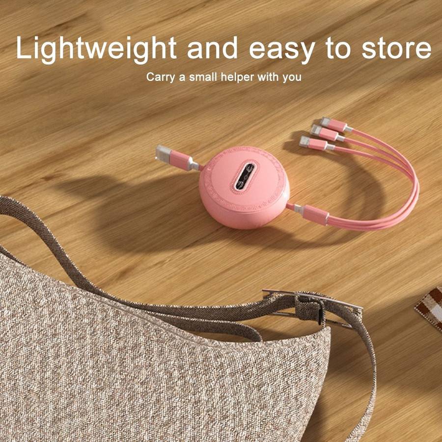 Micro + 8 Pin + Type-C / USB-C 3 In 1 Telescopic Charging Cable (Pink)