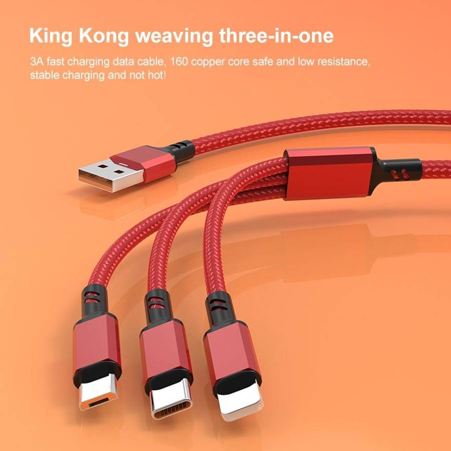 Orange Plug 3A 3 in 1 USB to Type-C / 8 Pin / Micro USB Fast Charging Cable, Cable Leng ... (Blue)