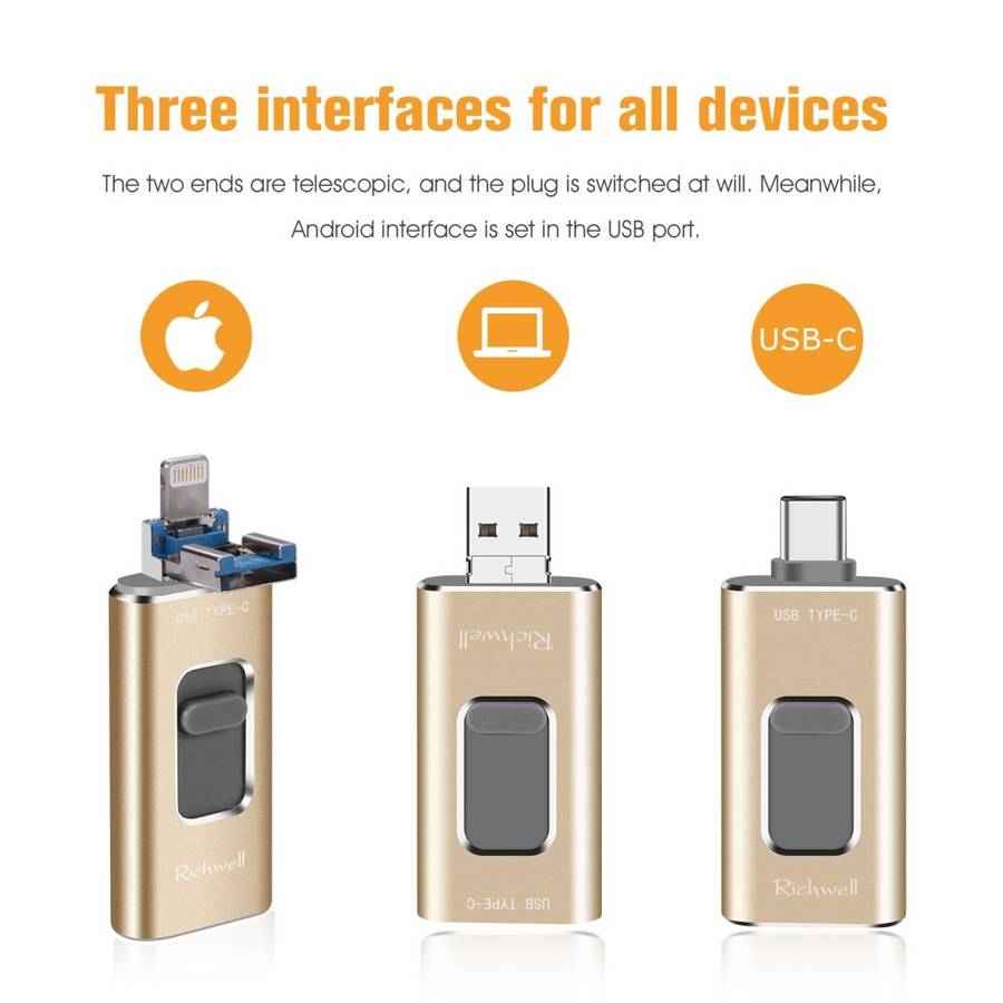 Richwell 3 in 1 128G Type-C + 8 Pin + USB 3.0 Metal Push-pull Flash Disk with OTG ... (Rose Gold)