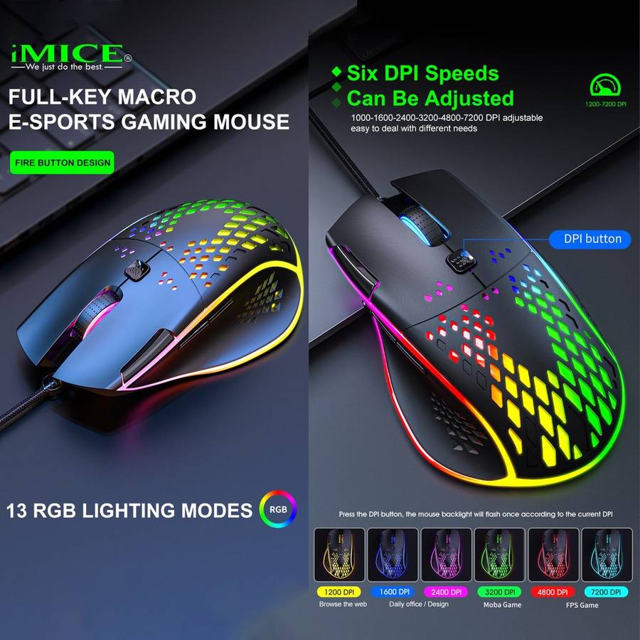 iMICE T97 Gaming Mouse RGB LED Light USB 7 Buttons 7200 DPI Wired Gaming Mouse (Black)