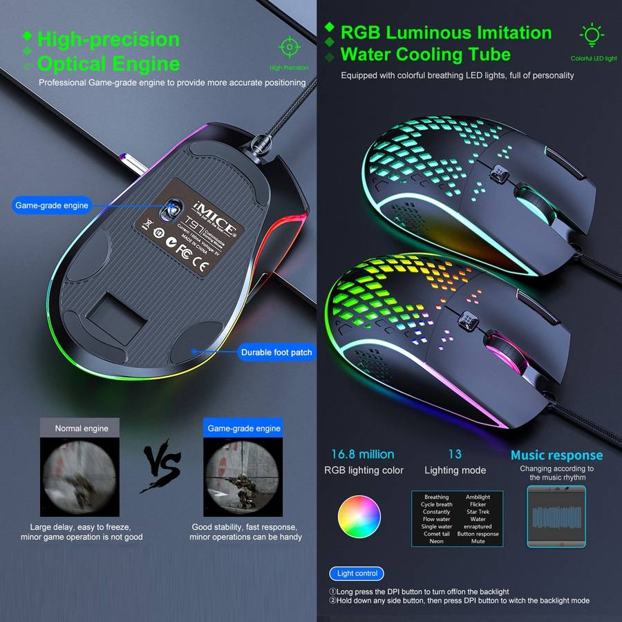iMICE T97 Gaming Mouse RGB LED Light USB 7 Buttons 7200 DPI Wired Gaming Mouse (Black)
