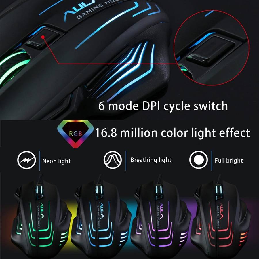 Aula Series Ghost Shark II Colourful Light 7D Optical Competitive USB Wired Game Mouse ... (Black)