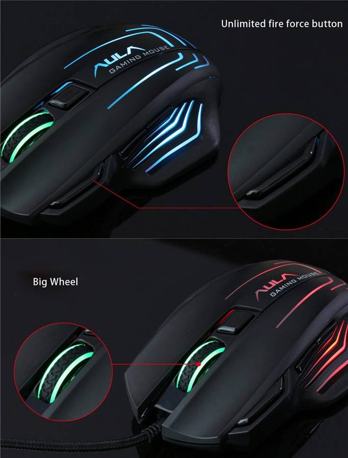 Aula Series Ghost Shark II Colourful Light 7D Optical Competitive USB Wired Game Mouse ... (Black)