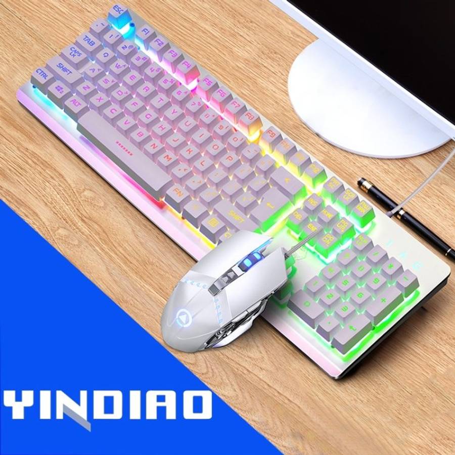 YINDIAO K002 USB Wired Mechanical Feel RGB Backlight Keyboard + Optical Mouse Set(White)