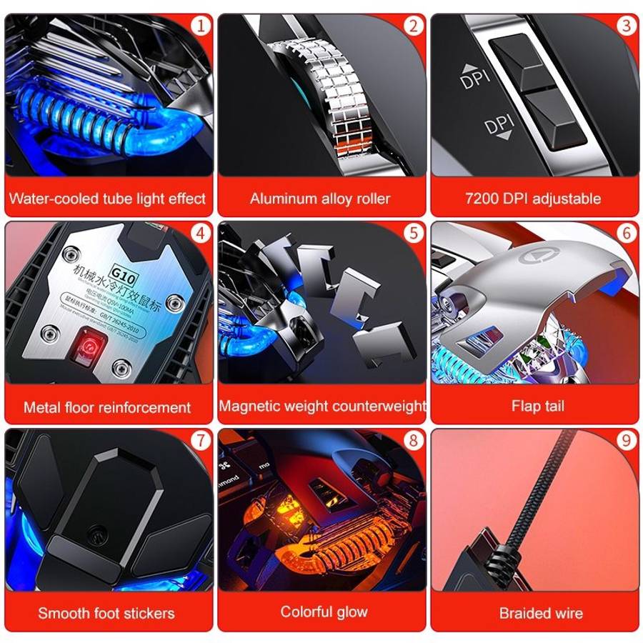 YINDIAO G10 7200DPI 7-modes Adjustable 7-keys RGB Light Wired Metal Mechanical Hard C ... (Silver)