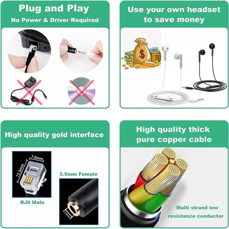 3.5mm Jack to RJ9 PC / Mobile Phones Headset to Office Phone Adapter Convertor Cable ... (Black)