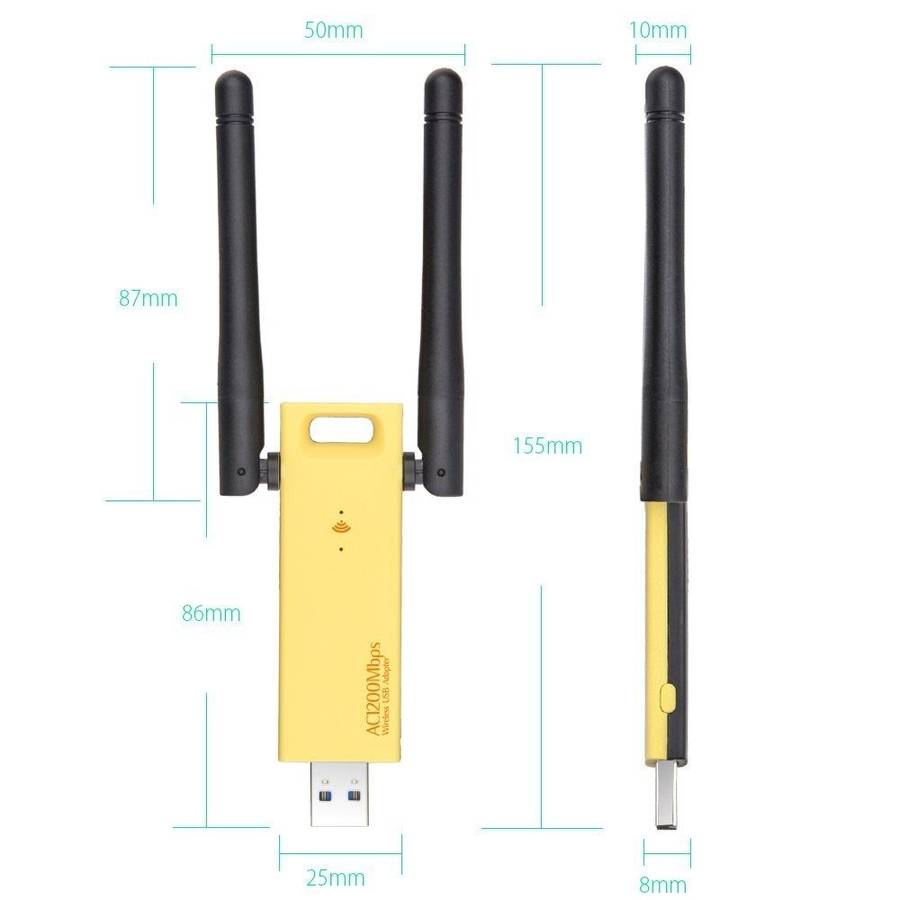 AC1200Mbps 2.4GHz & 5GHz Dual Band USB 3.0 WiFi Adapter External Network Card with 2 ... (Yellow)
