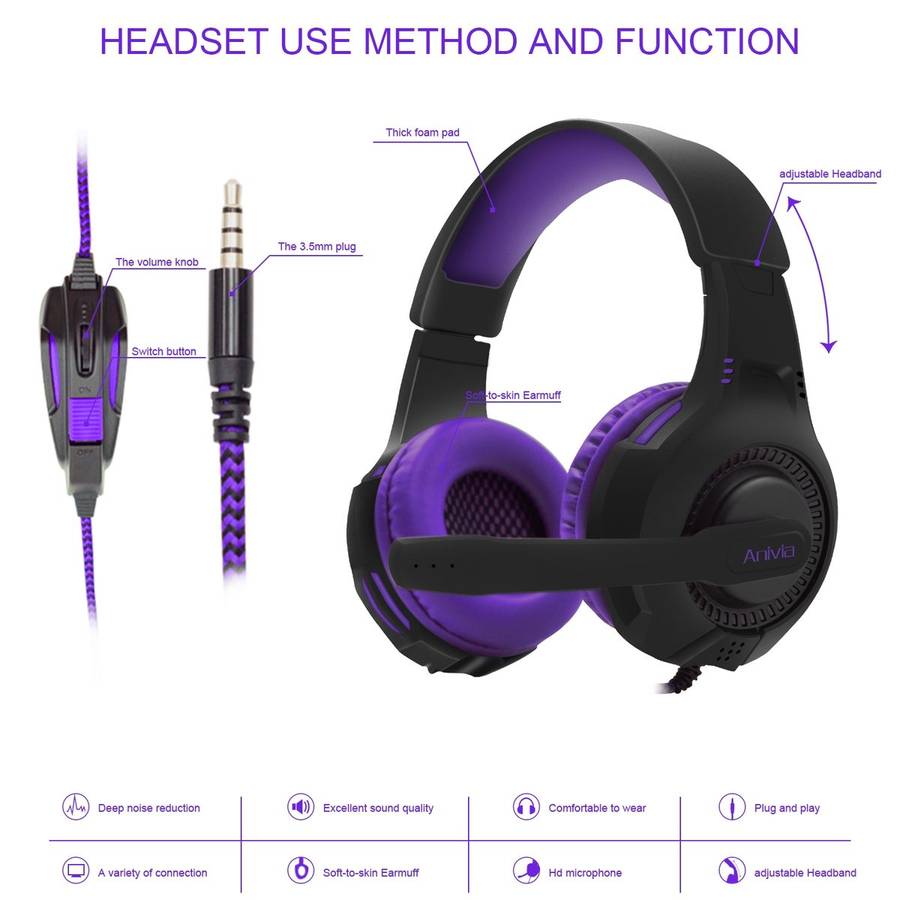 SADES AH-68 3.5mm Plug Wire-controlled E-sports Gaming Headset with Retractable ... (Black purple)