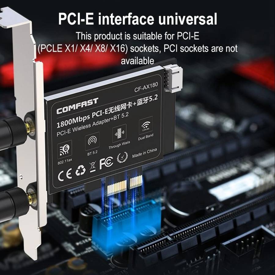 COMFAST CF-AX180 1800Mbps PCI-E Bluetooth 5.2 Dual Frequency Gaming WiFi 6 Wireless Network Card w