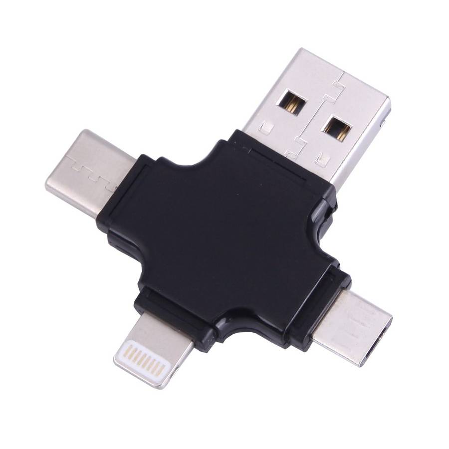 4 in 1 USB-C / Type-C & USB 2.0 & Micro USB & 8 Pin TF Card Reader for MacBook, PC, La ... (Black)