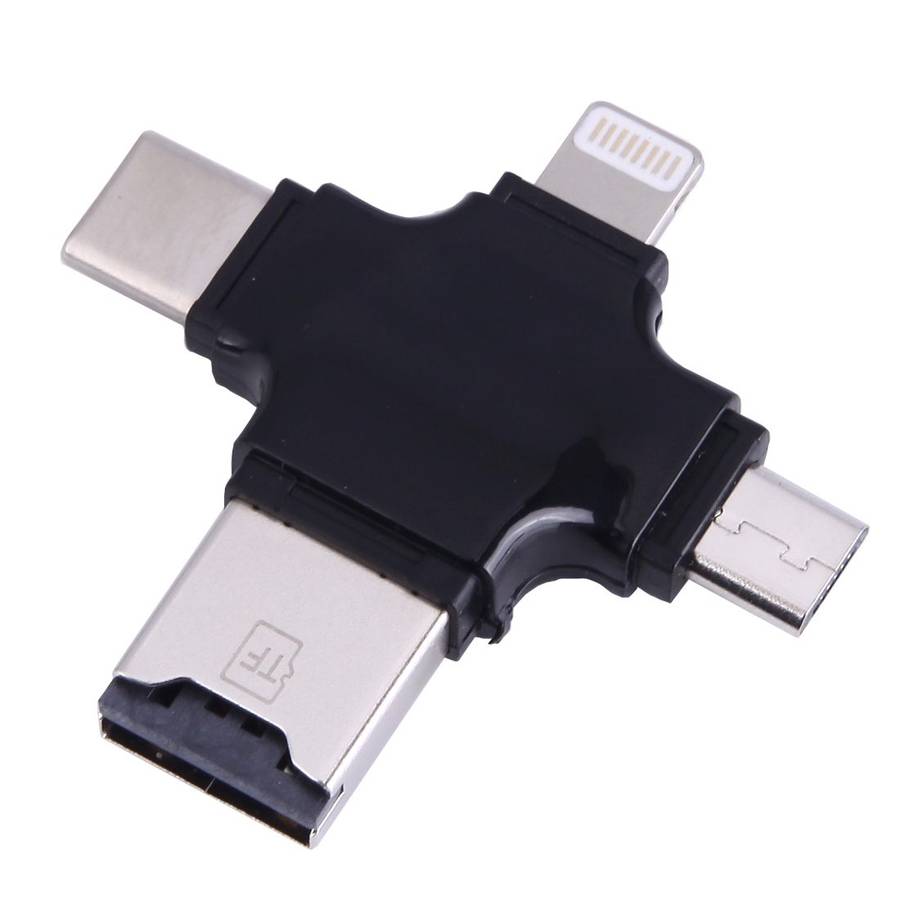 4 in 1 USB-C / Type-C & USB 2.0 & Micro USB & 8 Pin TF Card Reader for MacBook, PC, La ... (Black)
