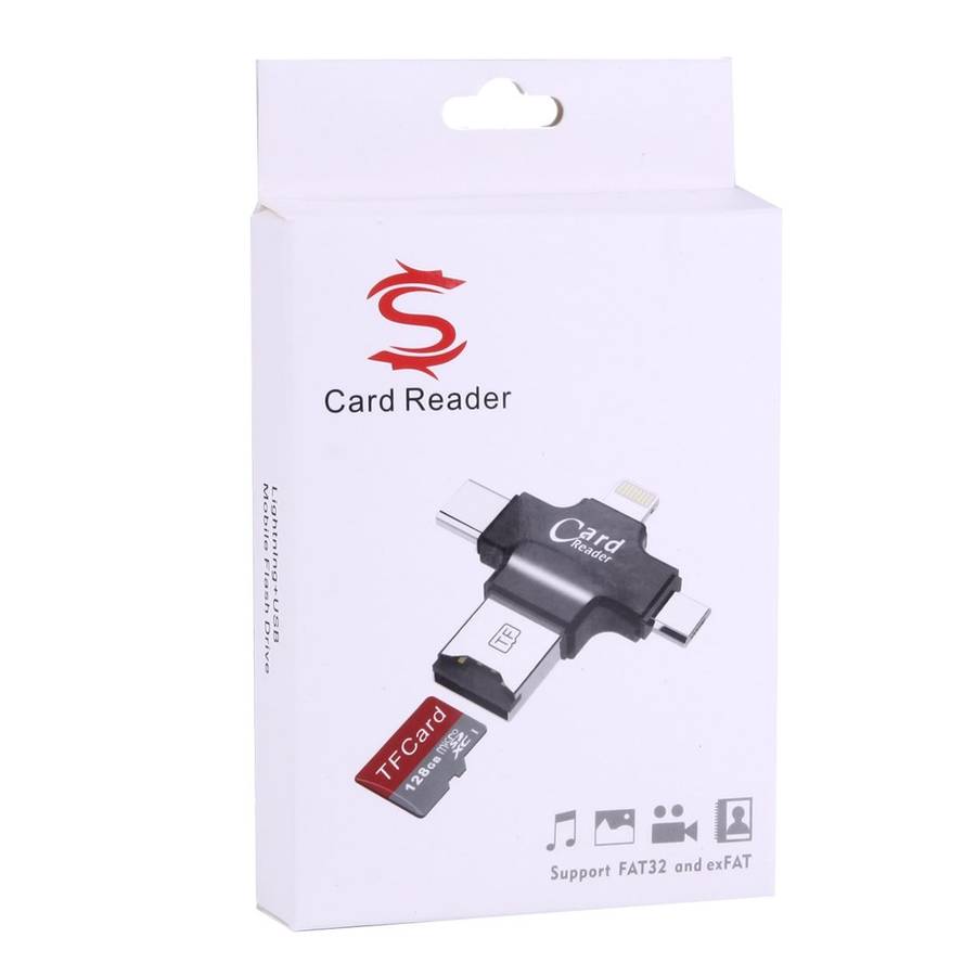 4 in 1 USB-C / Type-C & USB 2.0 & Micro USB & 8 Pin TF Card Reader for MacBook, PC, La ... (Black)
