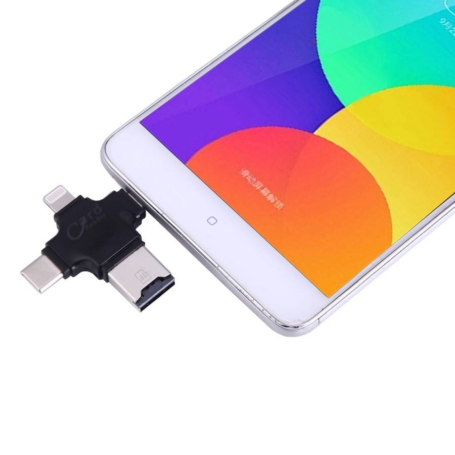 4 in 1 USB-C / Type-C & USB 2.0 & Micro USB & 8 Pin TF Card Reader for MacBook, PC, La ... (Black)
