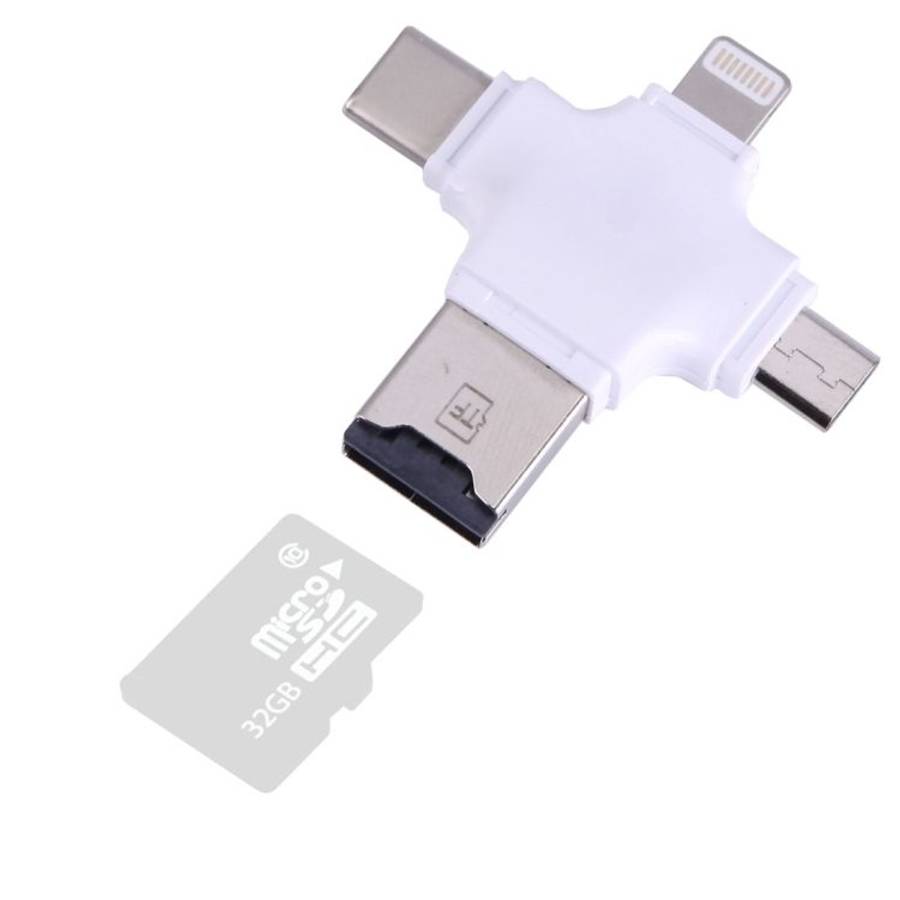 4 in 1 USB-C / Type-C & USB 2.0 & Micro USB & 8 Pin TF Card Reader for MacBook, PC, La ... (White)