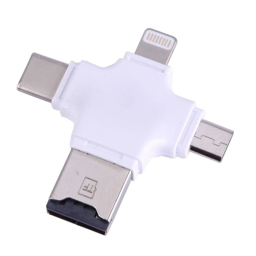 4 in 1 USB-C / Type-C & USB 2.0 & Micro USB & 8 Pin TF Card Reader for MacBook, PC, La ... (White)