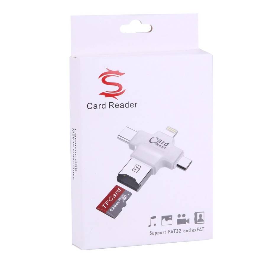 4 in 1 USB-C / Type-C & USB 2.0 & Micro USB & 8 Pin TF Card Reader for MacBook, PC, La ... (White)