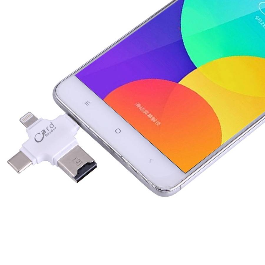 4 in 1 USB-C / Type-C & USB 2.0 & Micro USB & 8 Pin TF Card Reader for MacBook, PC, La ... (White)